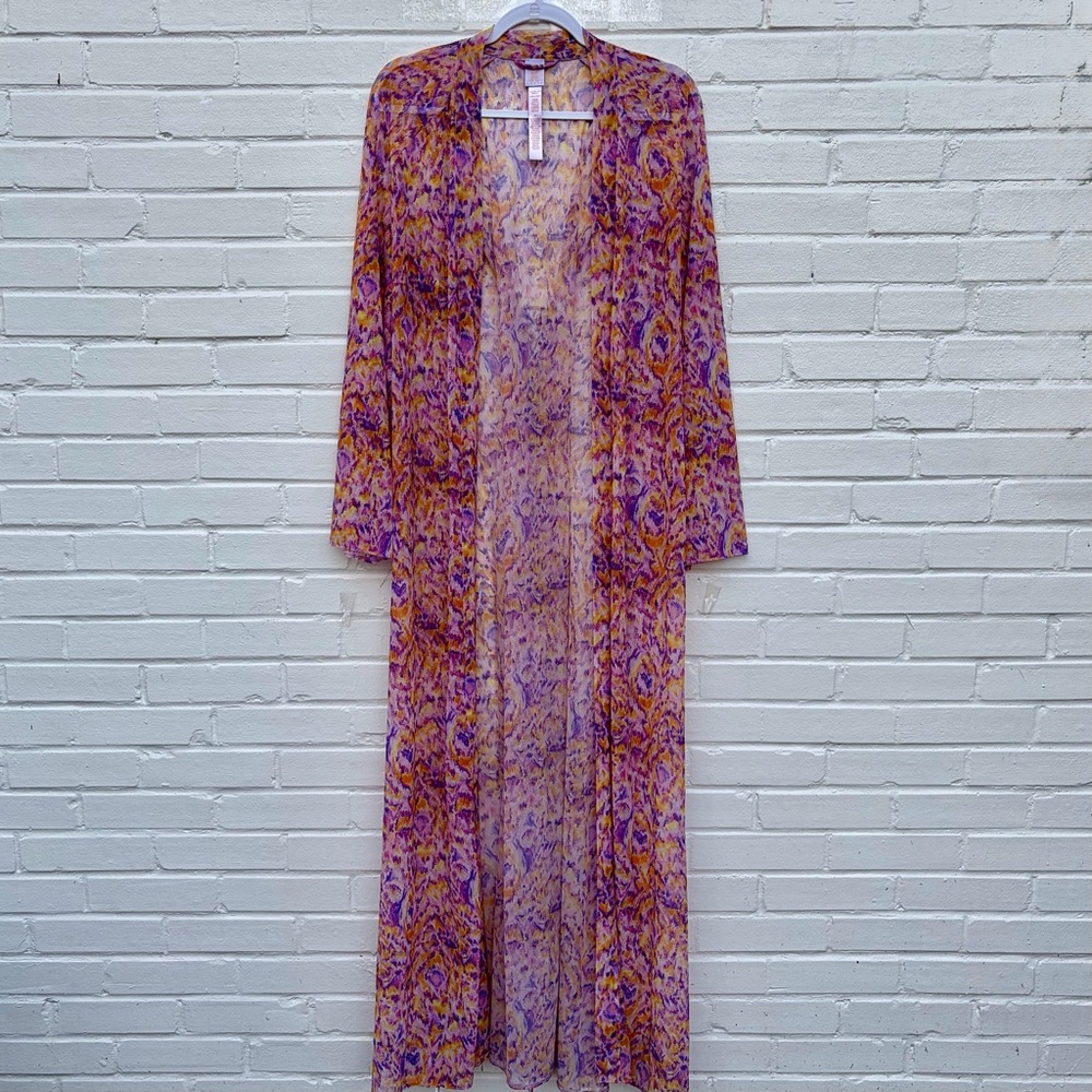 Savage X Fenty Cyber Cat Long Sheer Robe in Purple/Orange Print, SZ XS NWOT 🐱 - Picture 7 of 12